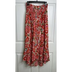 Rachel Zoe Smocked Waist Midi Skirt Women's Large Boho Beach Resort Red Floral